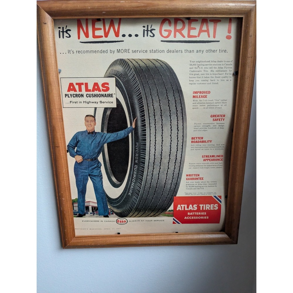 1957 Atlas Tires Esso Original Canadian Advertising Print Maclean's Magazine